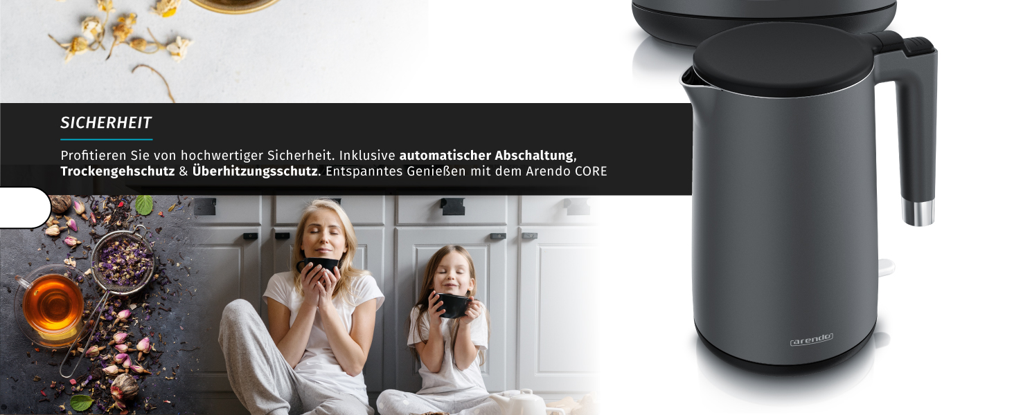 Електричний чайник Arendo з нержавіючої сталі 1.5 л, 2200 Вт, подвійні стінки, 360°, без BPA, захист від перегріву та сухого кипіння, чорний матовий сірий, 1.5 л