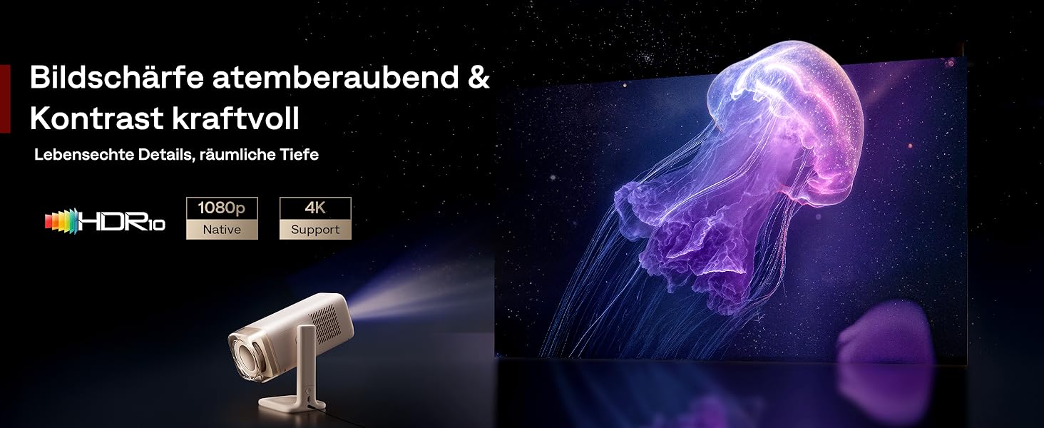 Smart проєктор Aurzen Boom Air Mini Beamer з Google TV та Netflix, 4K, USB-C, Dolby Audio, WiFi, Bluetooth, TOF автофокус, обертовий стійкий, кремовий