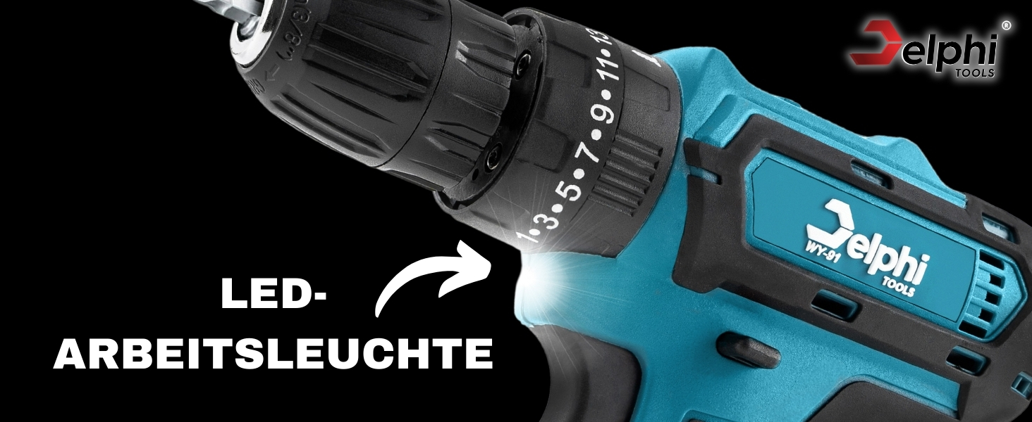 DELPHI 21V акумуляторний шуруповерт Set з 2 акумуляторами, 2 швидкості, 24 ступені крутного моменту, LED-підсвічування, для DIY-проєктів, 41-елементний набір з кейсом