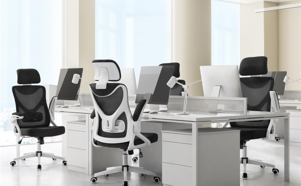 Ергономічне крісло Yaheetech для офісу, крісло до комп'ютерного столу з підйомними підлокітниками, обертове крісло зі спинкою та регульованою підголівником, крісло для начальника з функцією гойдання, до 136 кг, білий/чорний