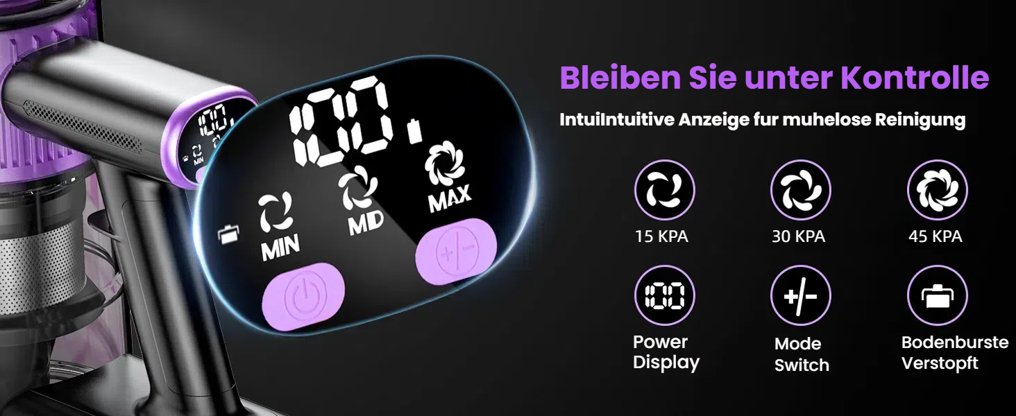 Бездротовий акумуляторний пилосос 45000 Па/500 Вт/45 хв з LED-дисплеєм та щіткою проти намотування, висувний шланг 73 см для твердих поверхонь, килимів, шерсті тварин, фіолетовий
