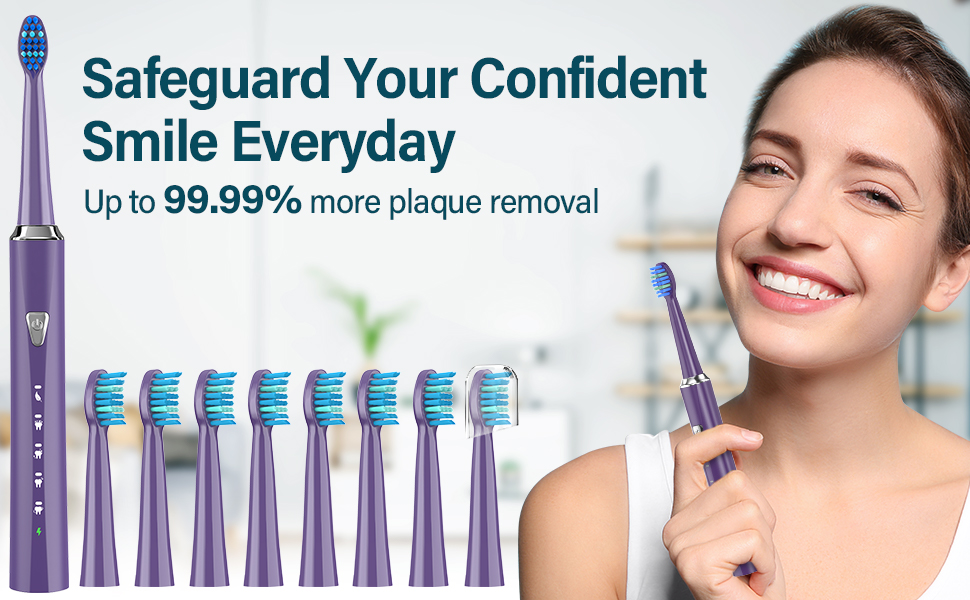 Електрична зубна щітка Coulax для дорослих та дітей, 8 насадок, 5 режимів, таймер 2 хв, темно-фіолетовий