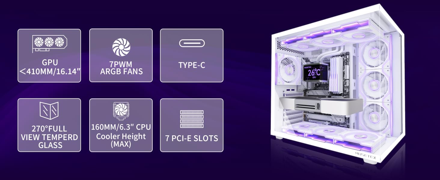 Ігровий корпус для ПК Musetex Y6 ATX Mid Tower, 7 ARGB PWM вентиляторів Infinity Mirror, панорамне загартоване скло 270°, USB Type-C, Білий