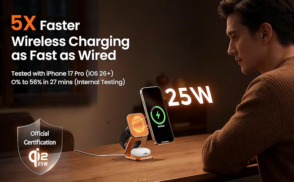 MagSafe зарядна станція 3-в-1: бездротовий зарядний пристрій 25W для iPhone 12-17, Apple Watch, AirPods (Qi, складна, помаранчева)
