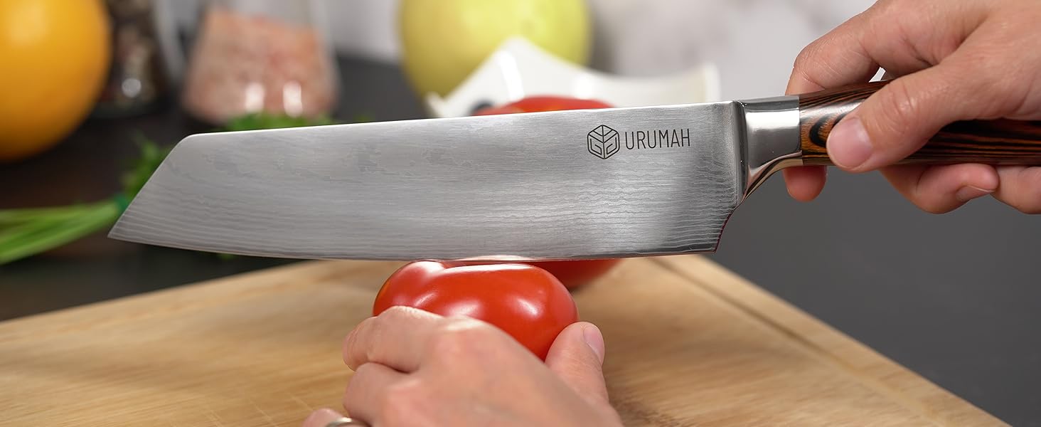 Японський ніж Kiritsuke від URUMAH: професійний ніж шеф-кухаря з високоякісної сталі 7CR17MoV з дерев'яною ручкою. У подарунковій коробці з захистом леза.