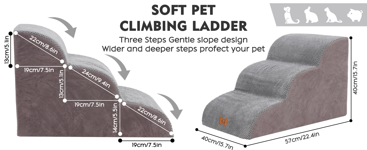 Сходинка для собак маленьких порід, 3 сходинки, для ліжка та дивана, з високощільним губчастим матеріалом, для котів та собак, знімний та пральний чохол, неслизьке дно, 40 см