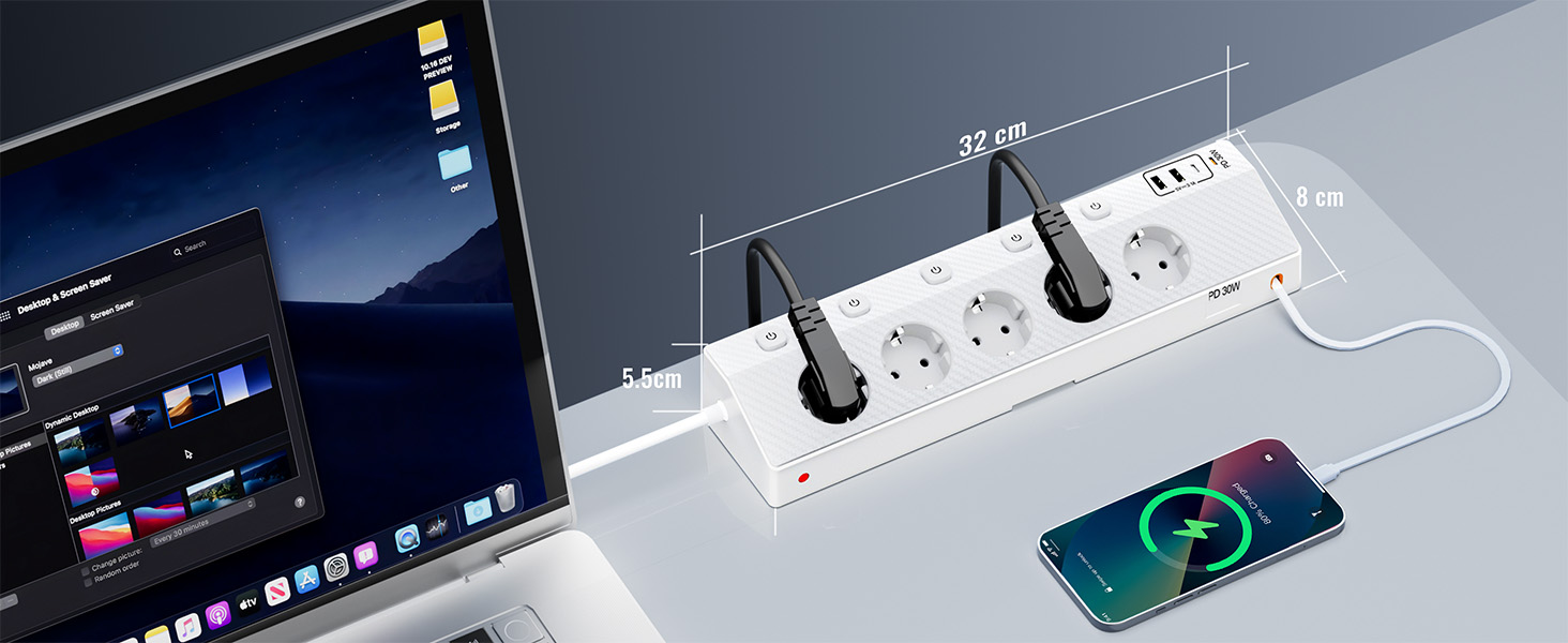Настільний мережевий фільтр з 5 розетками та 2 USB-C (PD 30W), подовжувач з вимикачем, 4000W, кабель 2м, білий
