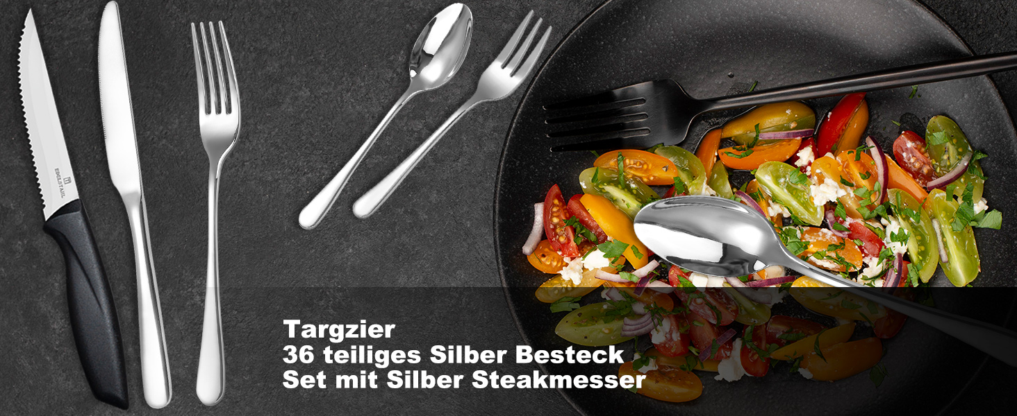 Набір столових приборів на 6 осіб, Targzier, 36 предметів, нержавіюча сталь, з ножем для стейку, для сім'ї/вечірки/готелю, чорний, придатний для миття в посудомийній машині
