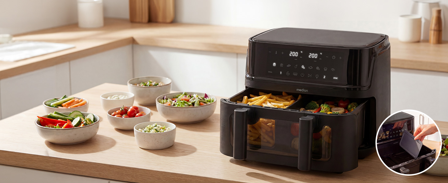 Аерофритюрниця з двома камерами MEDION P25 XXL Flex M, 10.8 л, без PFAS, чорна