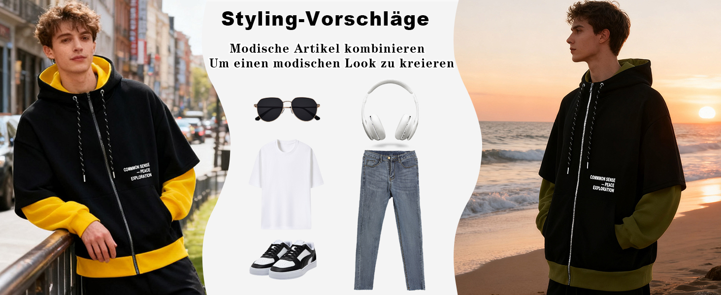 Чоловіча толстовка з капюшоном RUIZEHONG з блискавкою, блоковий колір, з кишенями, повсякденна, біло-чорна, розмір XL