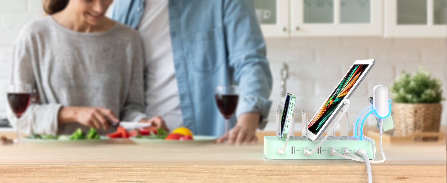 Зарядна станція SooPii USB 60W/12A, 6 портів, органайзер для декількох пристроїв з тримачем для Apple Watch, 6 кабелів для телефонів, планшетів та інших електронних пристроїв. Зелена