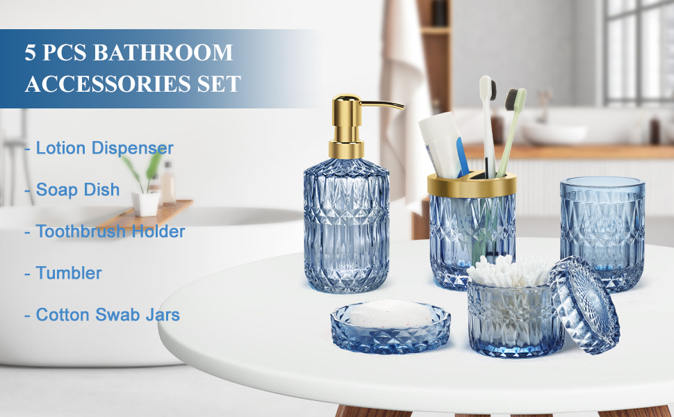 Набір аксесуарів для ванної кімнати 5 предметів, чорний дозатор для мила та лосьйону, мильничка, підставка для зубних щіток, стаканчик, склянка для ватних паличок, прозорий скляний бокс (Синій)