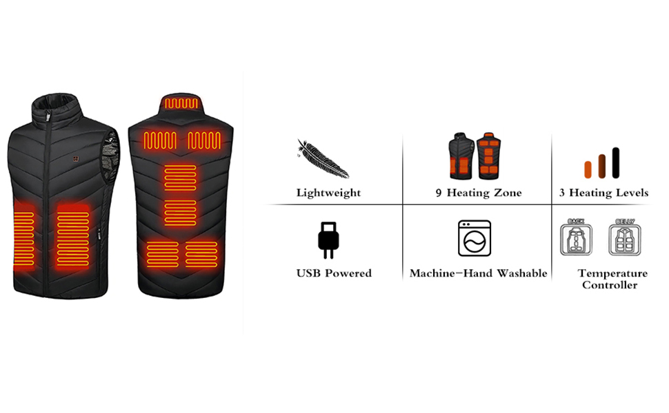 Обогрівальний жилет для чоловіків Monave: тепла куртка з 3 режимами для мотоцикла, кемпінгу, катання на лижах та повсякденного носіння. Чорний (Powerbank не входить до комплекту), XL