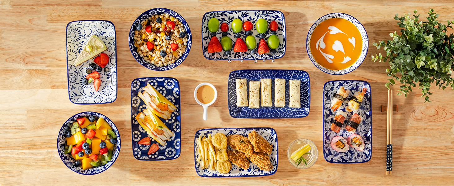 Набір сервірувальних тарілок Vancasso Selene (6 шт.) - великі, прямокутні, порцелянові, для свят, сніданків, фуршетів, сирної тарілки, мікрохвильова піч та посудомийна машина, блакитно-білий колір