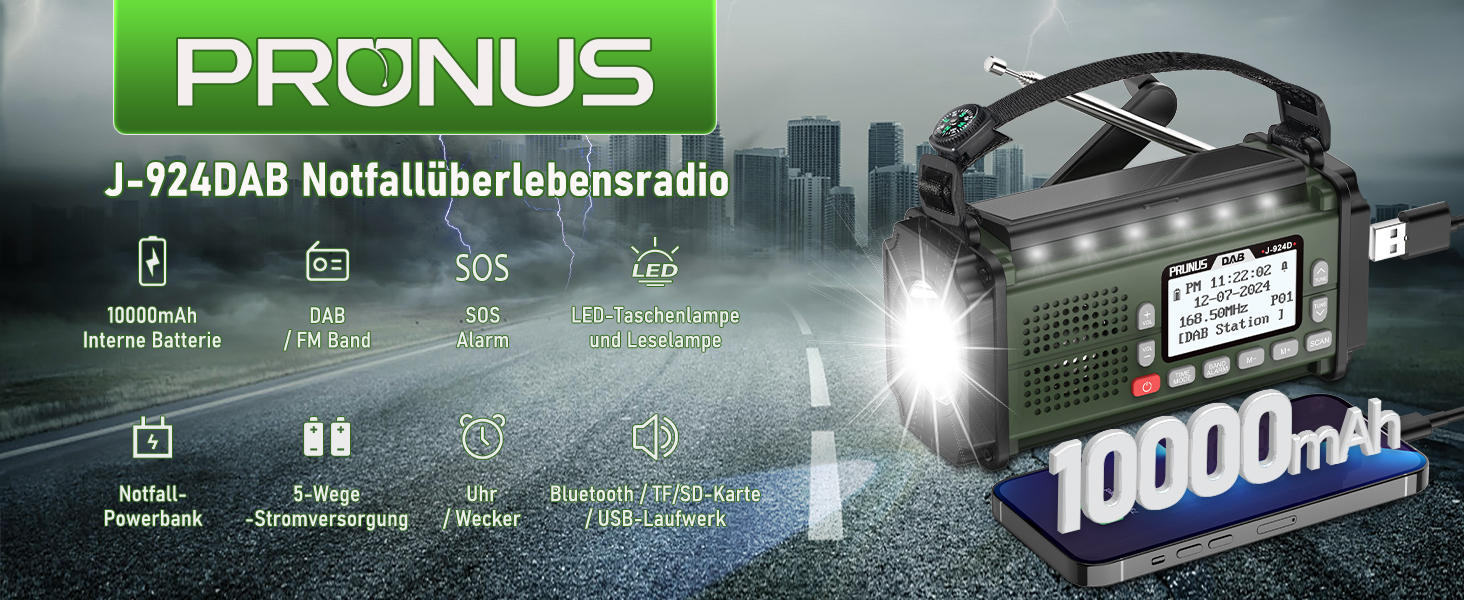 Радіоприймач PRUNUS J-924D: DAB+/UKW, радіоприймач-кринка з акумулятором 10000mAh, Bluetooth, ліхтарик, SOS, зарядка для телефону. Зелений