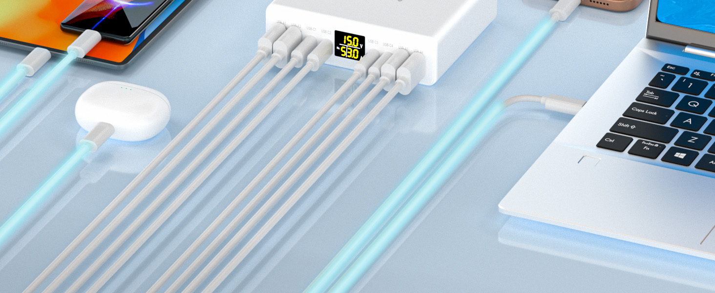 Зарядний пристрій USB-C багатопортовий 8 портів 200W GAN YSYFAD з LED індикатором, PD PPS Type-C, QC3.0, швидка зарядка для iPhone, iPad, MacBook, ноутбуків, білий