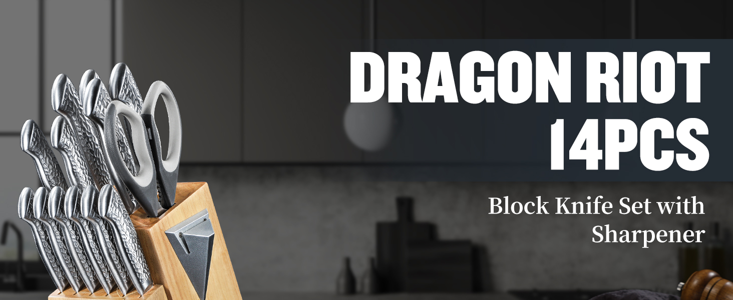 Dragon Riot 14-Piece Self-Sharpening Knife Set with Block - Professional Japanese Stainless Steel Kitchen Knives, Ergonomic Grip, 30cm