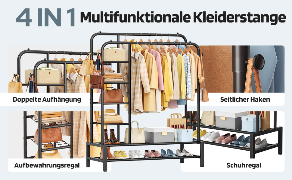 Вішалка для одягу в спальню та вітальню, подвійна, чорна - міцна конструкція 100 кг, з полицями для зберігання