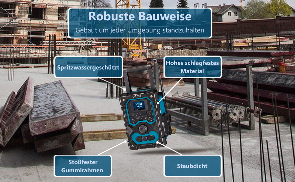 Радіо для будівельного майданчика з DAB+, FM, Bluetooth 5.0, 16W, акумулятор 8000mAh, USB-зарядка, Aux, захист від пилу та вологи (блакитне)