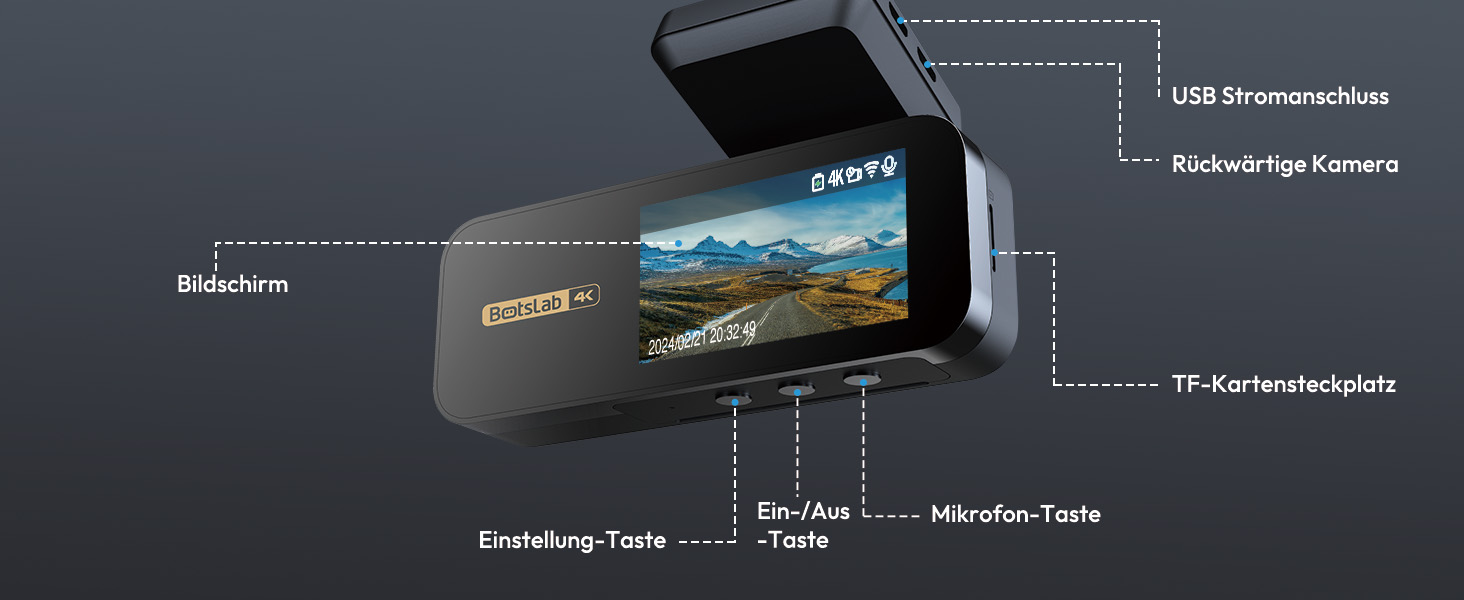 Відеореєстратор BOTSLAB Dashcam Auto з GPS, 4K, Dual, WiFi, ADAS, Нічне бачення, 64GB SD, 2.45' IPS, 24/7, Loop, WDR, 170°