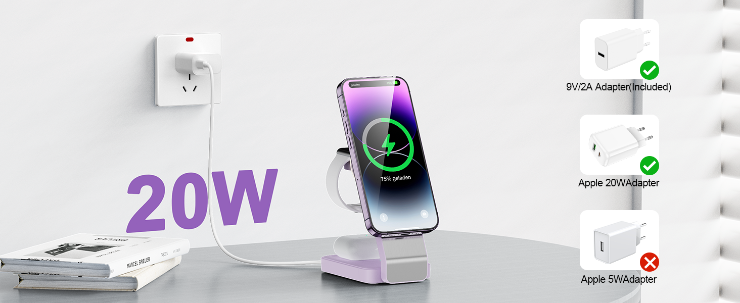 3-в-1 Станція Бездротової Зарядки для iPhone, Apple Watch та AirPods (Біла/Фіолетова)