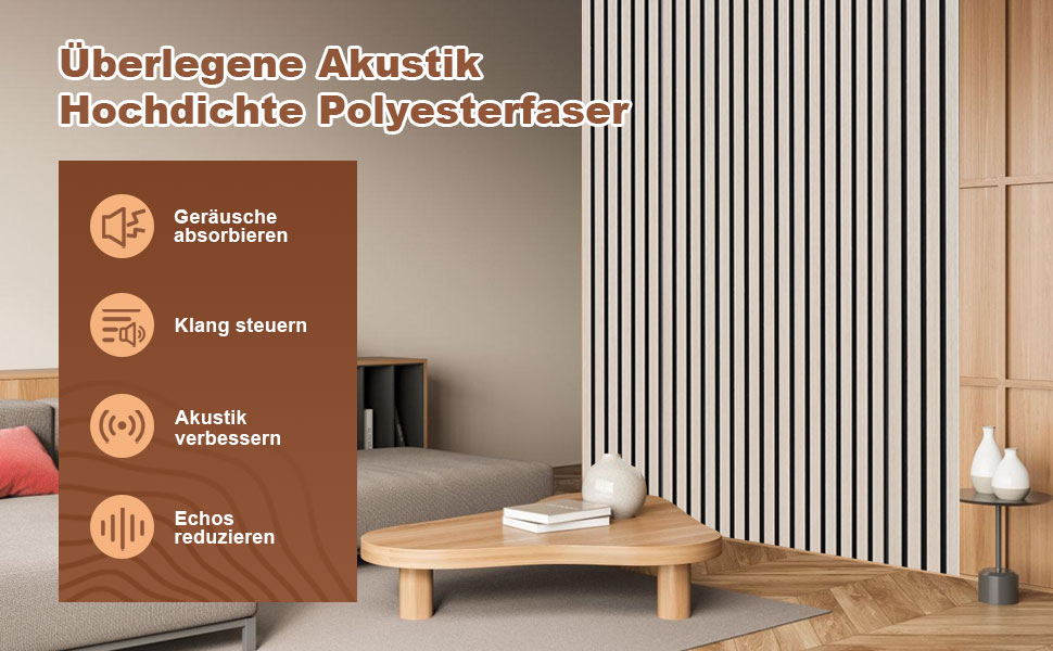 Акустичні настінні панелі з дерева та фетру 120x60 см, звукопоглинаюча обробка стін з шпоном дуба, набір 2 шт (1,44 м²), колір дуб