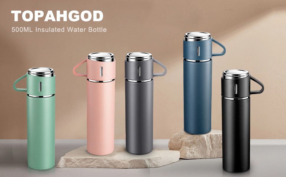 Stainless Steel Thermos Flask with Cup and Handle - 500ml Insulated Travel Mug, Leak-Proof, Double-Walled, Vacuum Insulated, Hot/Cold for Kids, Sports (Black)