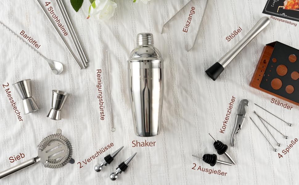 Набір бармена 23 предмети: шейкер, сито, ложка, мадлер, барні інструменти для дому, бару, вечірки (колір: коричневий)