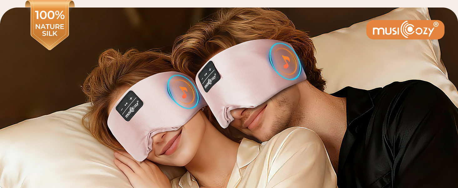 Маска для сну Bluetooth Musicozy з шовку (рожева): 3D маска з навушниками, повна темрява, для чутливих вух та очей, 14 годин автономії
