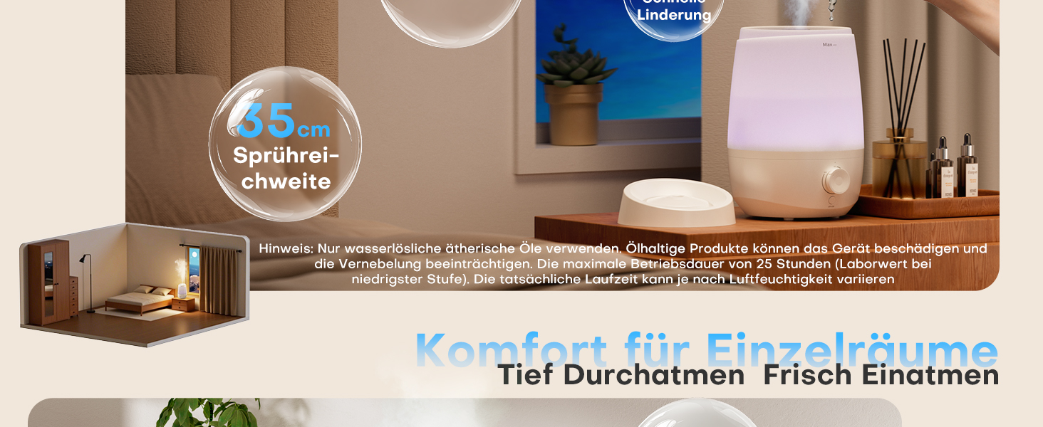 Зволожувач повітря AROEVE для спальні, 2,5л, 250 мл/год, дифузор для ефірних олій, автовимкнення, 25 дБ, тихий для дітей та рослин, білий