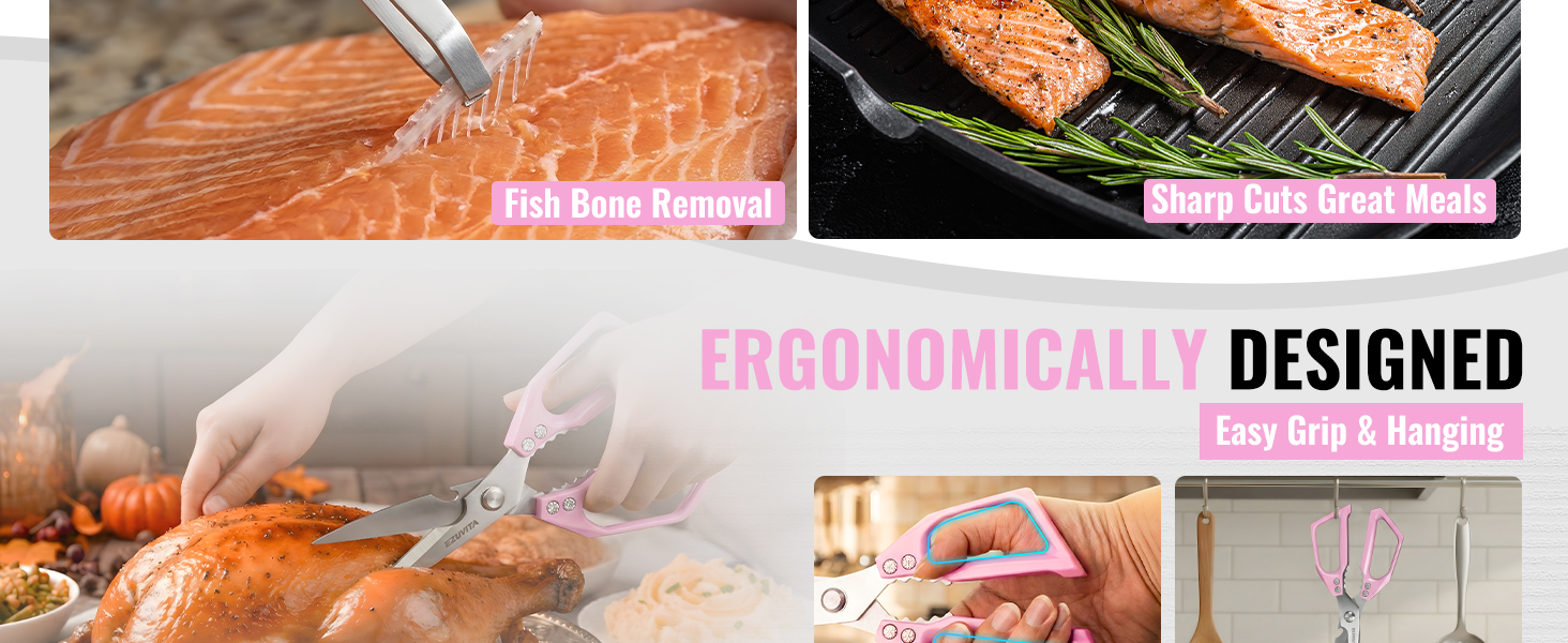 Набір кухонних ножиць 5-в-1 з пінцетом, кухонні ножиці з титановим покриттям, нержавіюча сталь, придатні для миття в посудомийній машині, універсальні ножиці для кухні, птиці, риби, м'яса (рожеві)