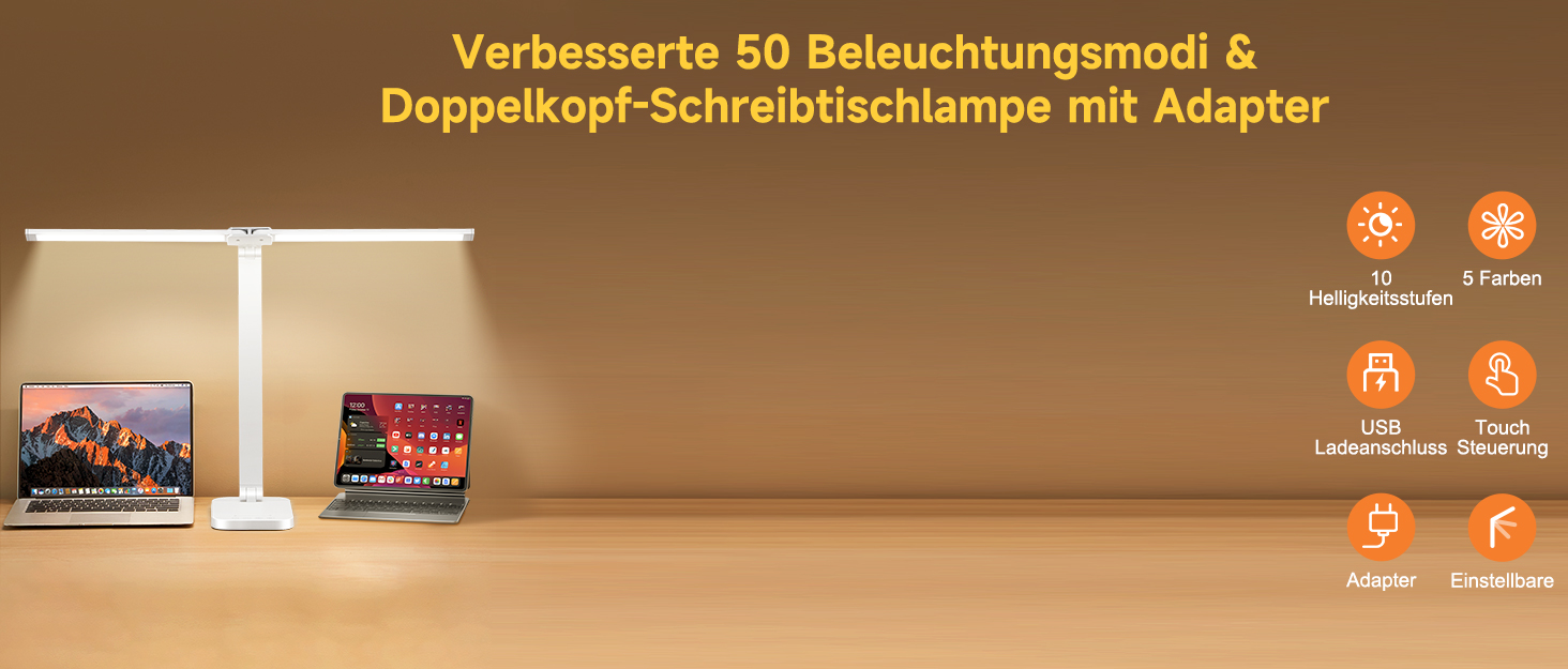 LED лампа для столу One Fire з адаптером, 1000 люмен, 96 LED, диммер, таймер, світлова пам'ять, для дітей, денне світло, для читання