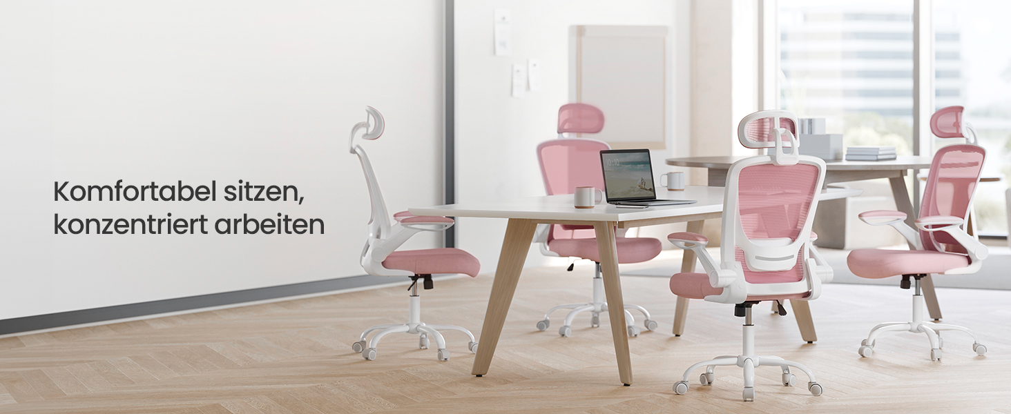 Офісне крісло SONGMICS з ергономічною спинкою, сіткою, підтримкою попереку та голови, функцією гойдання, сидінням 53 см, відкидними підлокітниками, для офісу та спальні, студентів, OBN37BK (Bonbon-рожевий, повна спинка)