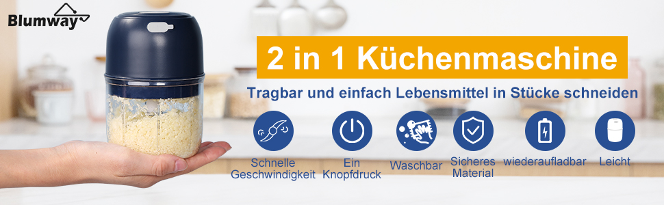 Електричний подрібнювач часнику та овочів 2в1 BlumWay, міні-подрібнювач з віночком для яєць, 250+250 мл (Блакитний)