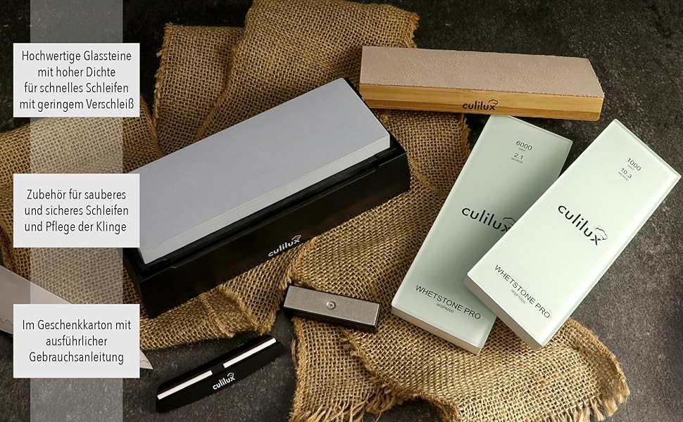 Набір точильних каменів Pro Schleifstein Profi Set XL: 400/1000/6000 гріт, шкіряна дошка, база з силіконовими фіксаторами, точилка, притискний камінь