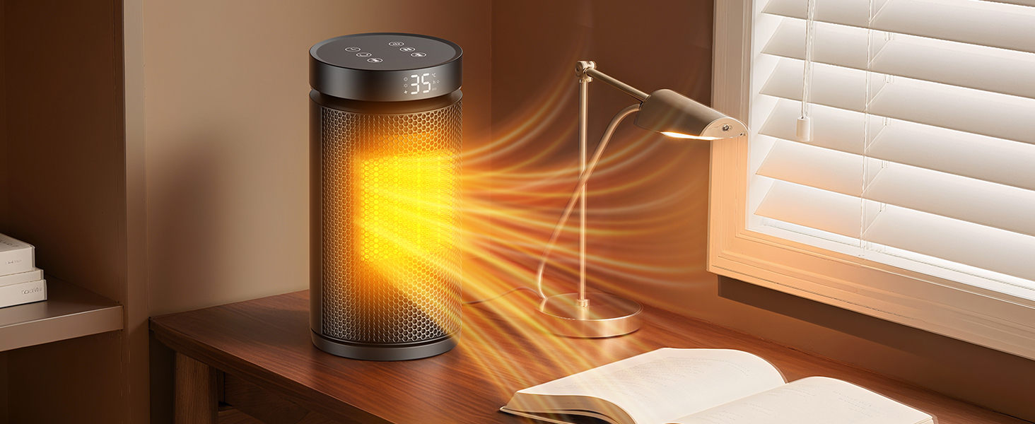 Керамічний обігрівач 1500W з термостатом, захистом від перегріву та нахилу, 75° осциляція, ECO-режим, 2-в-1 для дому (чорний, круглий)