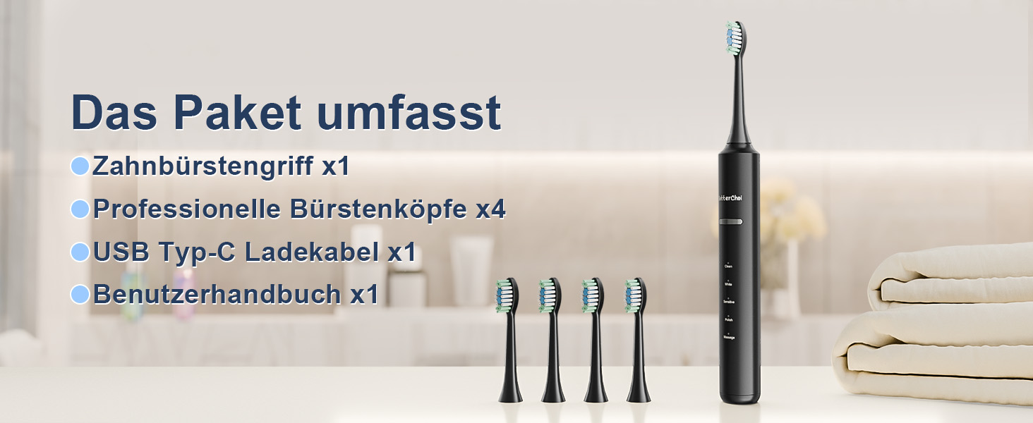 Електрична зубна щітка Betterchoi з магнітною левітацією, 41 000 VPM, 4 насадки, IPX7, 180 днів роботи від акумулятора, 5 режимів, таймер, чорний колір