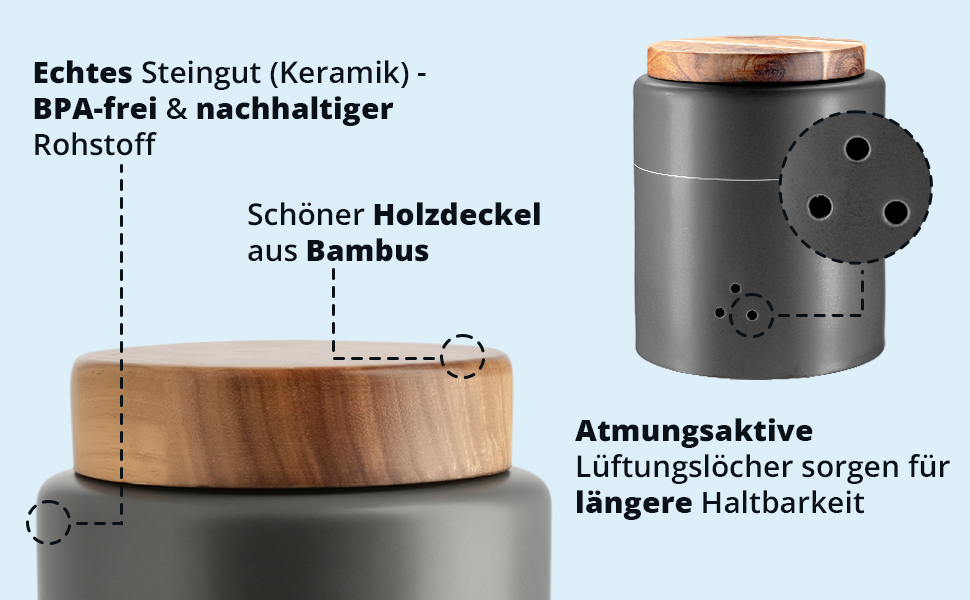 Набір контейнерів для зберігання KHG для кухні антрацитово-сірого кольору з дерев'яною кришкою, контейнери для продуктів з кераміки, стеінгуту, поліровані, з маркуванням, набір органайзерів для кухні, без пластику та світлонепроникні (набір для картоплі, цибулі, часнику)