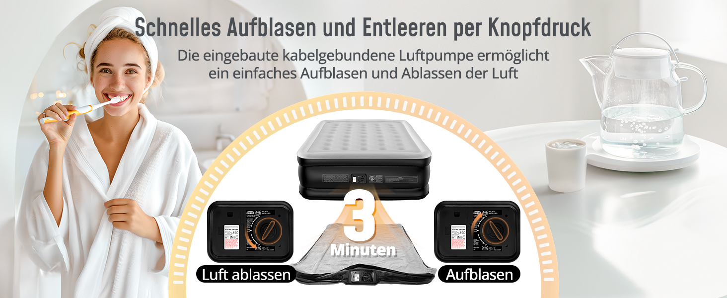 Надувне ліжко Airefina на 2 особи з самонадувною системою та вбудованим насосом, для кемпінгу та дому, міцне гостьове ліжко 203 x 152 x 46 см