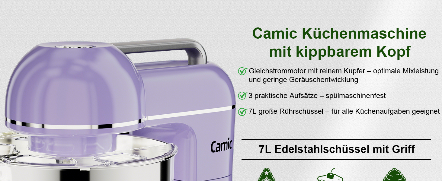 Кухонна машина Camic 2000W: планетарний міксер з чашею з нержавіючої сталі 7л, 10 швидкостями, набором насадок та захистом від бризок, світло-фіолетова