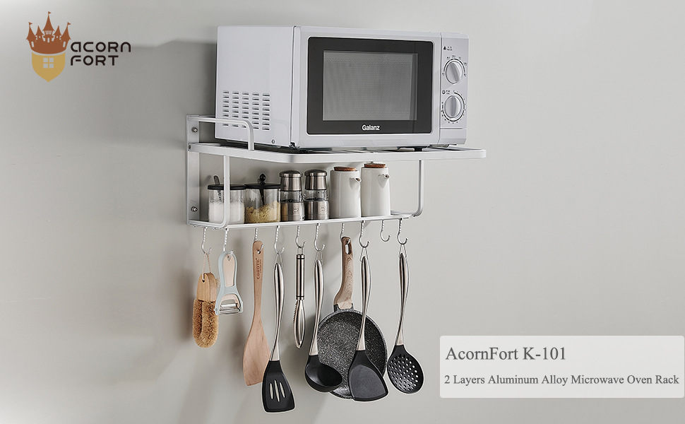 K-101 2-Layer Silver Aluminum Alloy Microwave Rack Oven Stand Kitchen Shelf Holder Wall Mount, Hanging with 10 Hooks