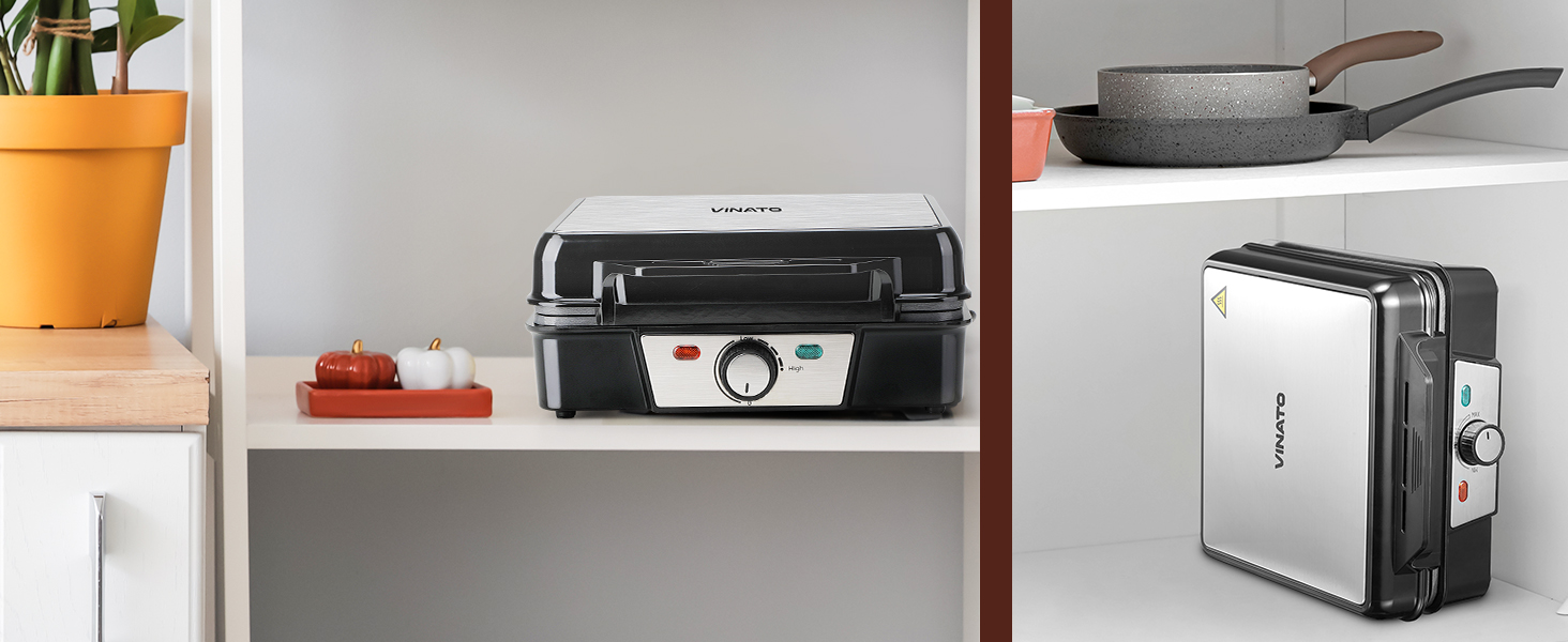 Вафельниця VINATO для приготування 4 бельгійських вафель, 1200 Вт, антипригарне покриття, регулювання температури, чорний колір