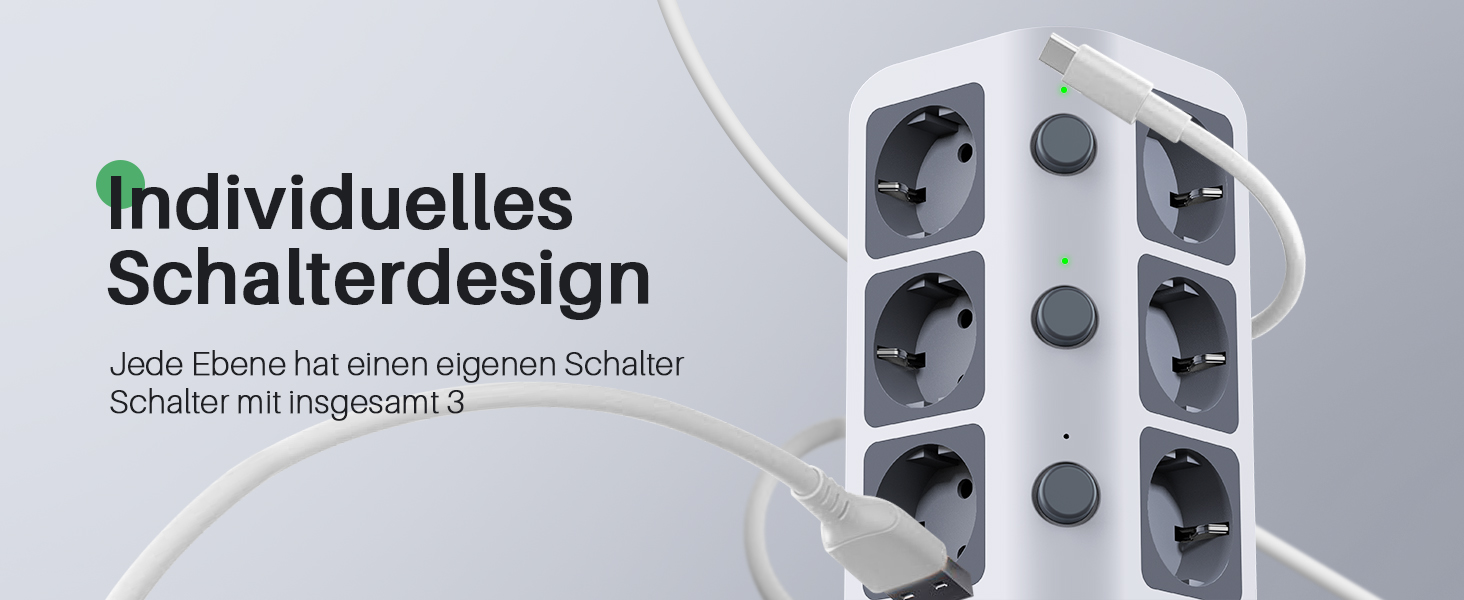 Многорозетка Koosla з USB-C, 12 розеток, захист від перенапруги 1500 Дж, індивідуальне вмикання, 5 м кабель, сіра (бездротовий заряд 30 Вт)