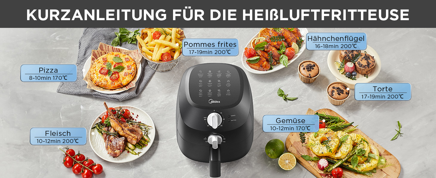 Фритюрниця повітряна Midea 2L, 1150W, без олії, автоматичне вимкнення, легко чистити, BPA-free, чорна