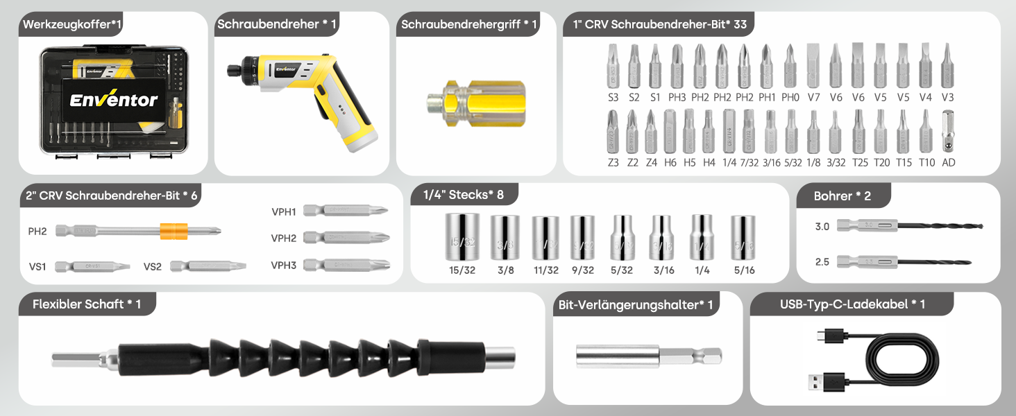 Mini акумуляторний шуруповерт Enventor 6 Nm, 4V, 2000 mAh, LED, USB, 25-ти шт. біт, з LED-підсвічуванням, 3 режими крутного моменту, з біт-подовжувачем, гнучкий вал (модель 95202)