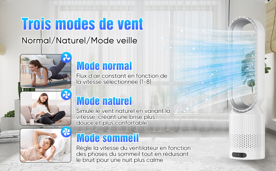 2-в-1 Вентилятор з очищувачем повітря безлопатий, з пультом, 8 швидкостей, осциляція 90°, таймер, для спальні/офісу (срібний)