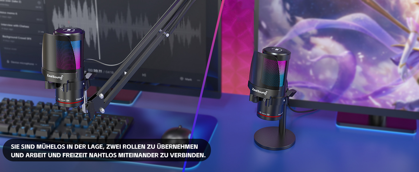 Zealsound USB мікрофон для ПК та мобільного телефону: RGB, з регулюванням гучності, кнопкою вимкнення звуку, поп-фільтром, тримачем-амортизатором та підставкою. Для подкастів, стрімінгу, Discord, YouTube, TikTok (KM8)