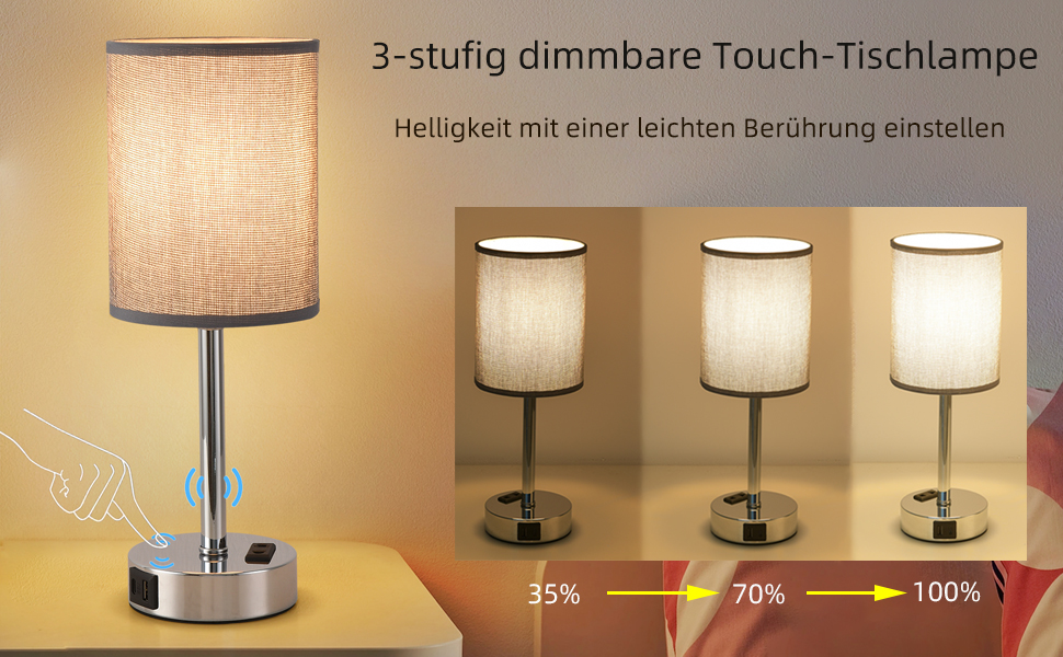 LED-лампа на тумбочку з торшером, сенсорне керування, USB-порт A+C, тканинний абажур, металева основа, для спальні, офісу, вітальні, з лампочкою (сіра)