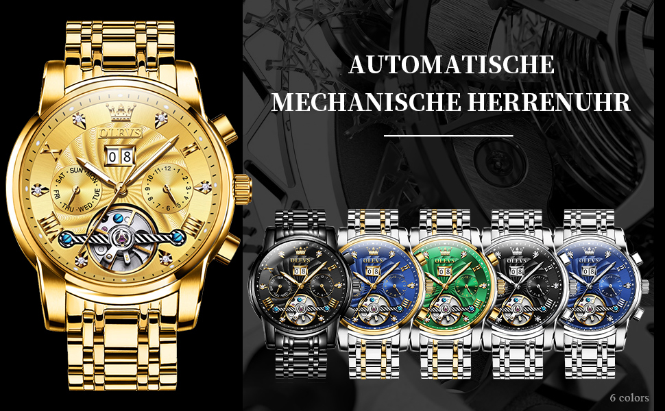 Чоловічий скелетон-годинник OLEVS 9910: кварцовий спортивний годинник з водовідштовхувальним корпусом, сталевий браслет (золото-срібло) та зелений циферблат