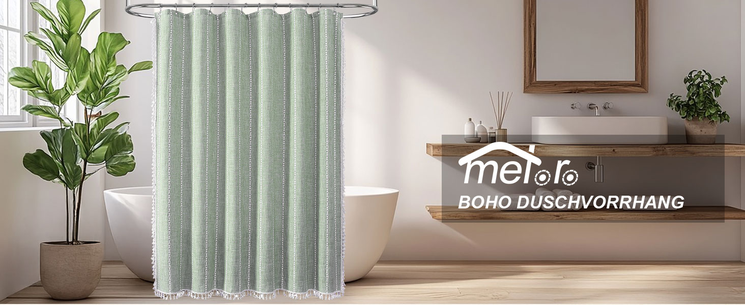 Штора для душу Meioro Boho в смужку, льон, 183x183 см, зелена - водонепроникна, з гачками (12 шт.)